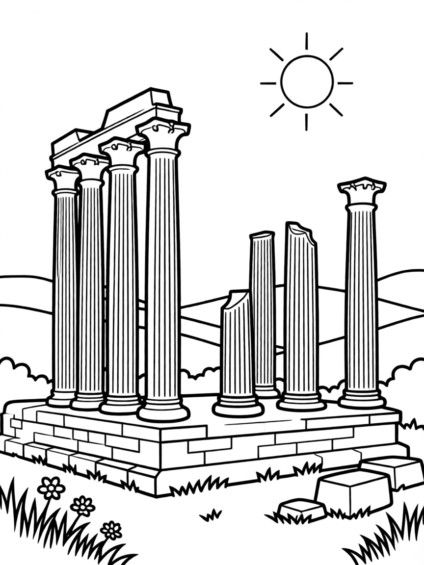 (Portugal) The ancient Roman temple ruins of Évora under a sunny sky.