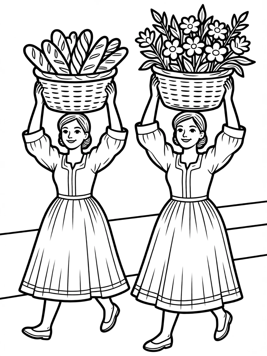 (Portugal) Ladies carrying towering baskets of bread and flowers on their heads in a parade.