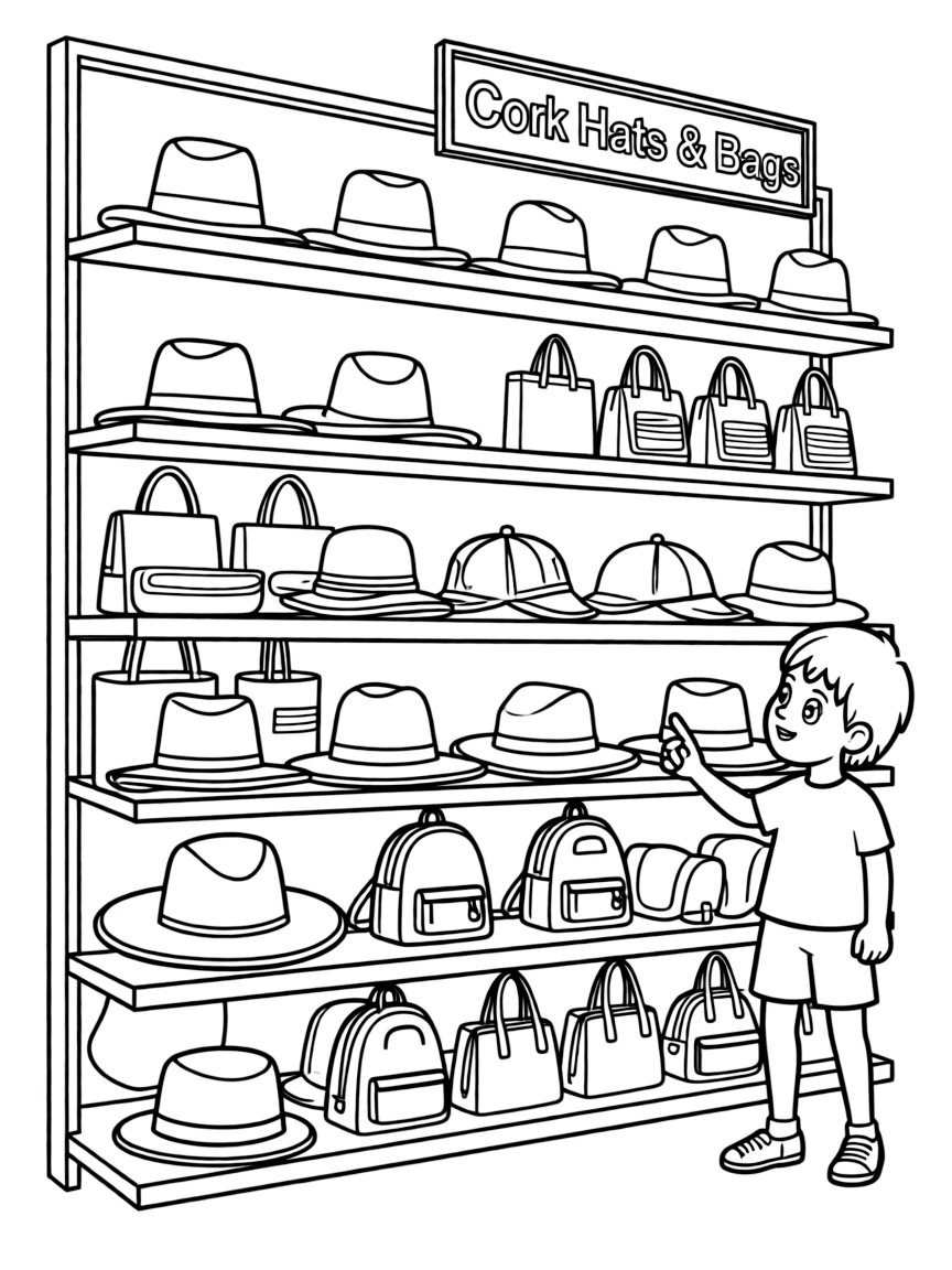 (Portugal) A shop display of hats and bags made from cork material.