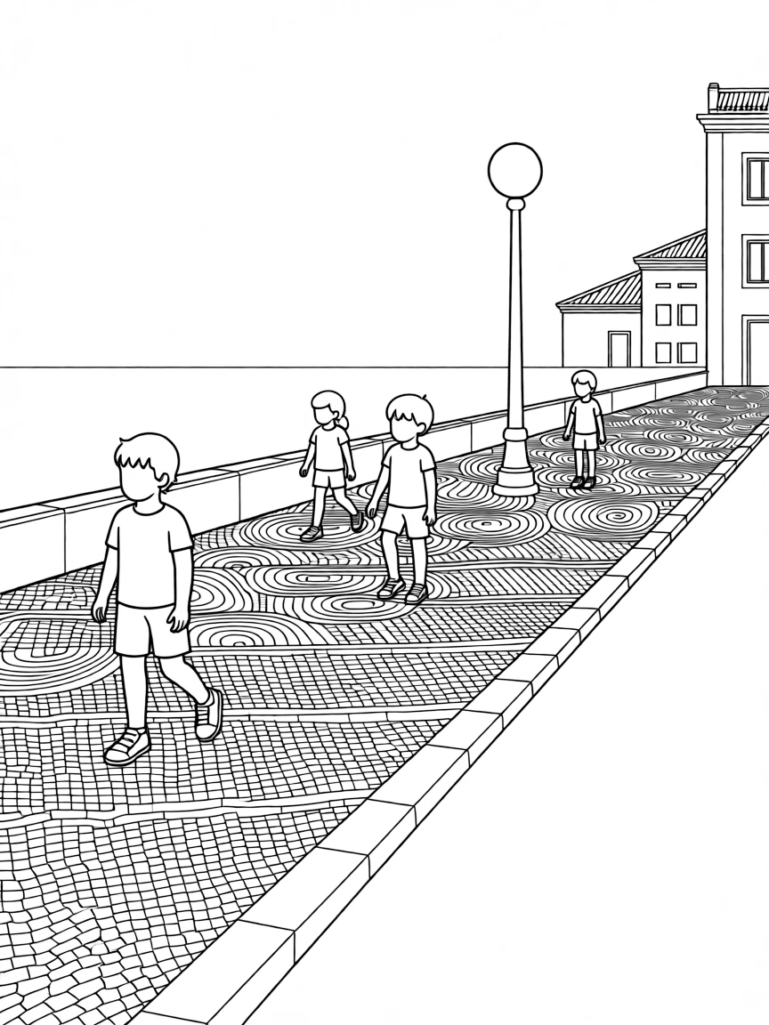 (Portugal) A sidewalk with black-and-white mosaic patterns in Lisbon.