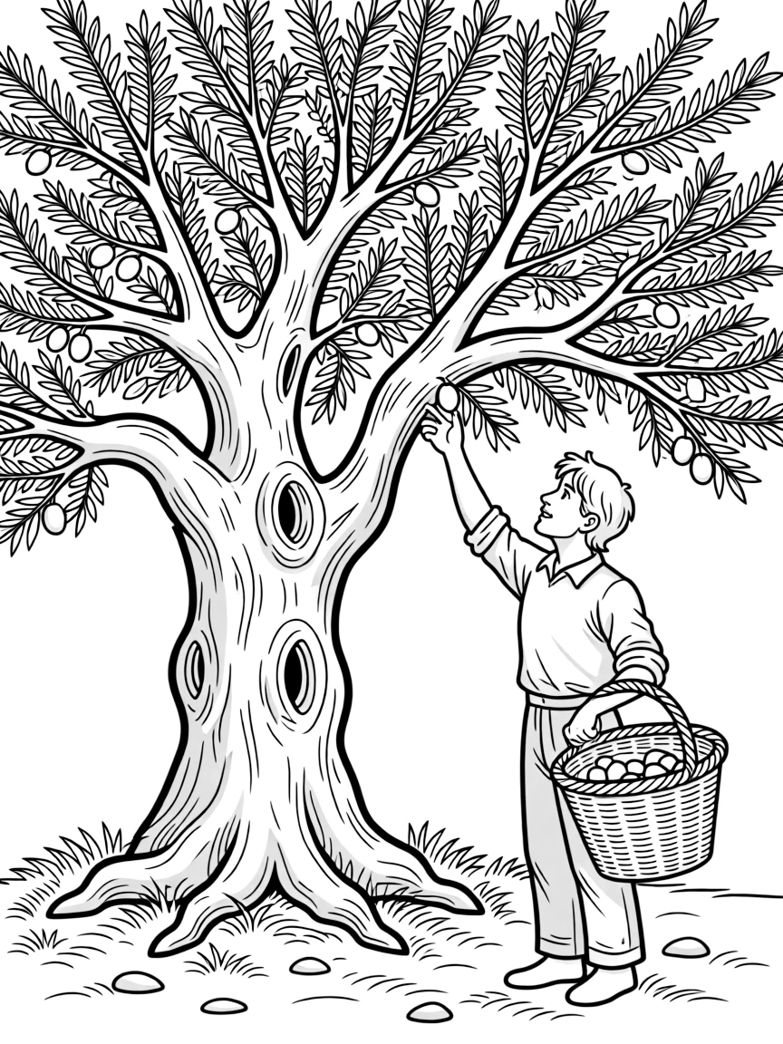 (Portugal) An ancient olive tree with a farmer picking olives into a basket.