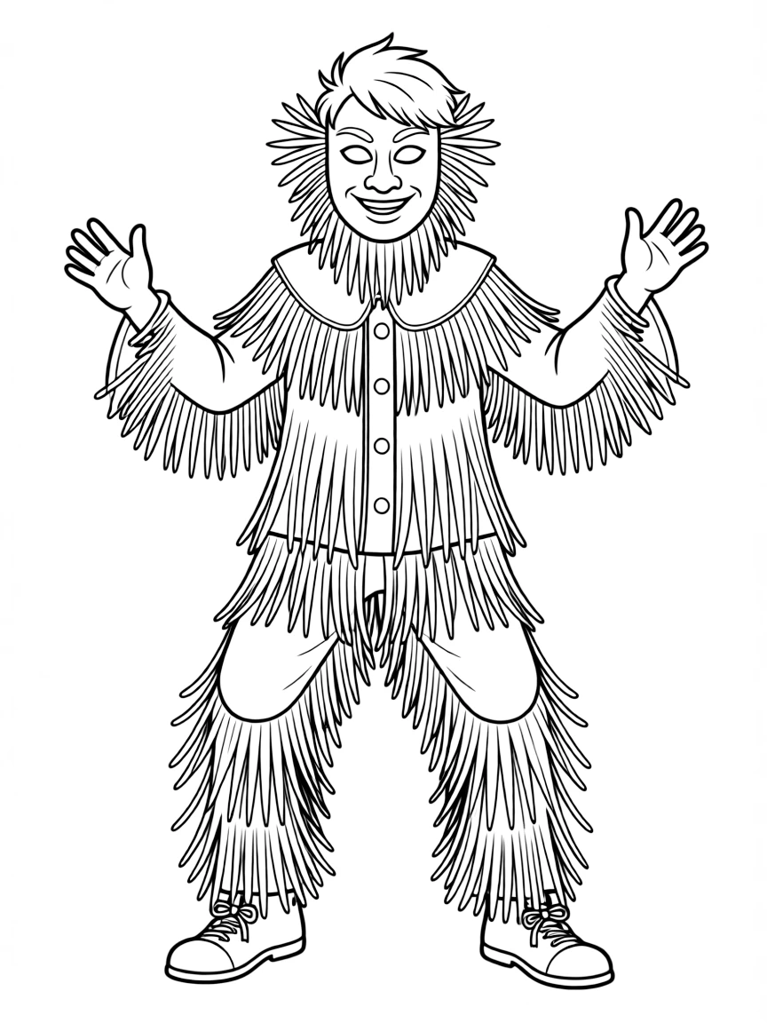 (Portugal) A Carnival trickster (Careto) in a fringed colorful mask and suit.