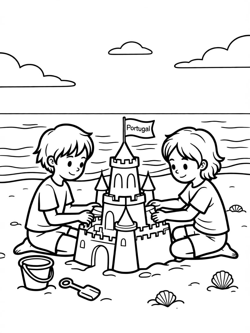 (Portugal) Children building a sandcastle on the beach with a little Portuguese flag on top.