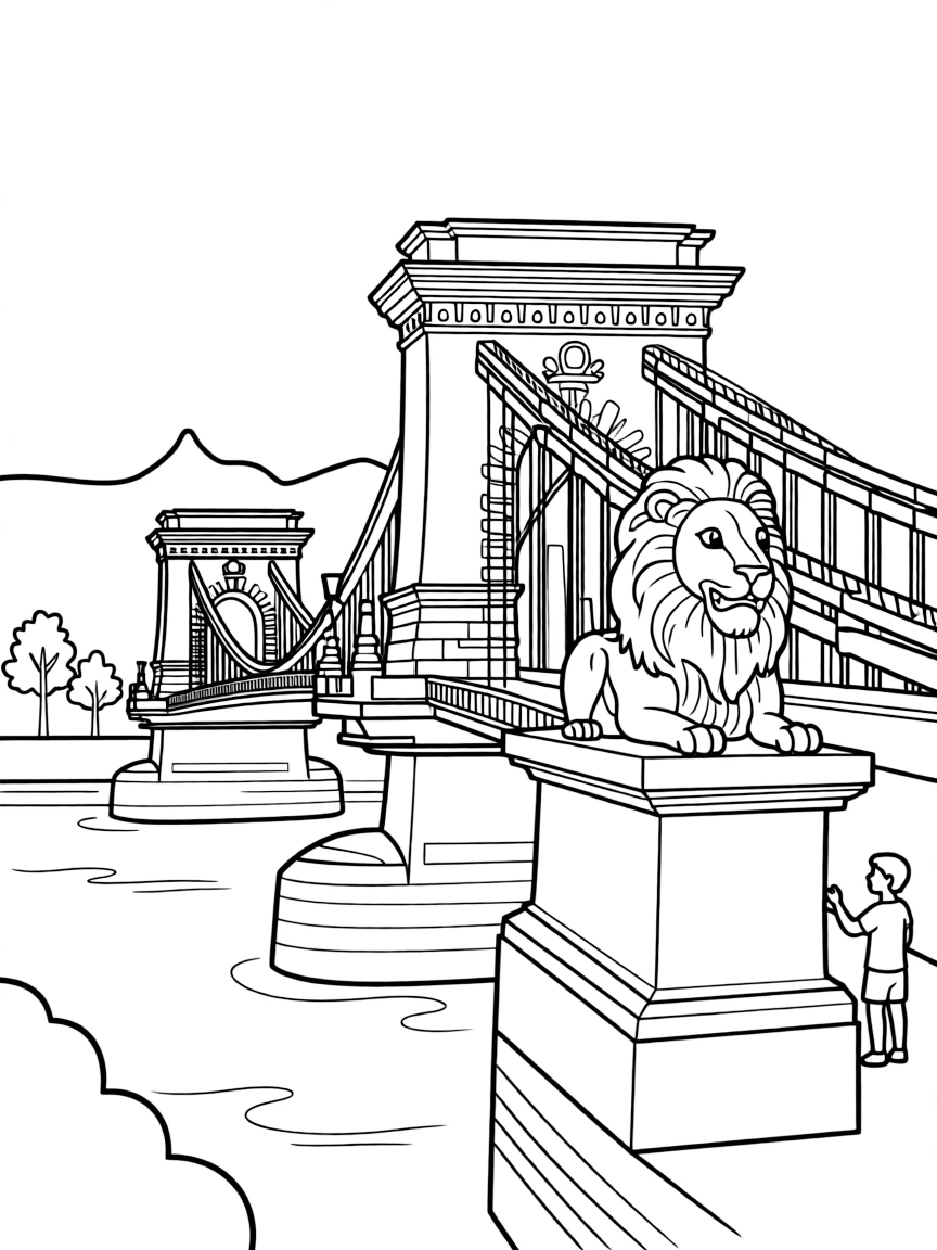 (Hungary) The Chain Bridge in Budapest with its stone lions guarding the ends