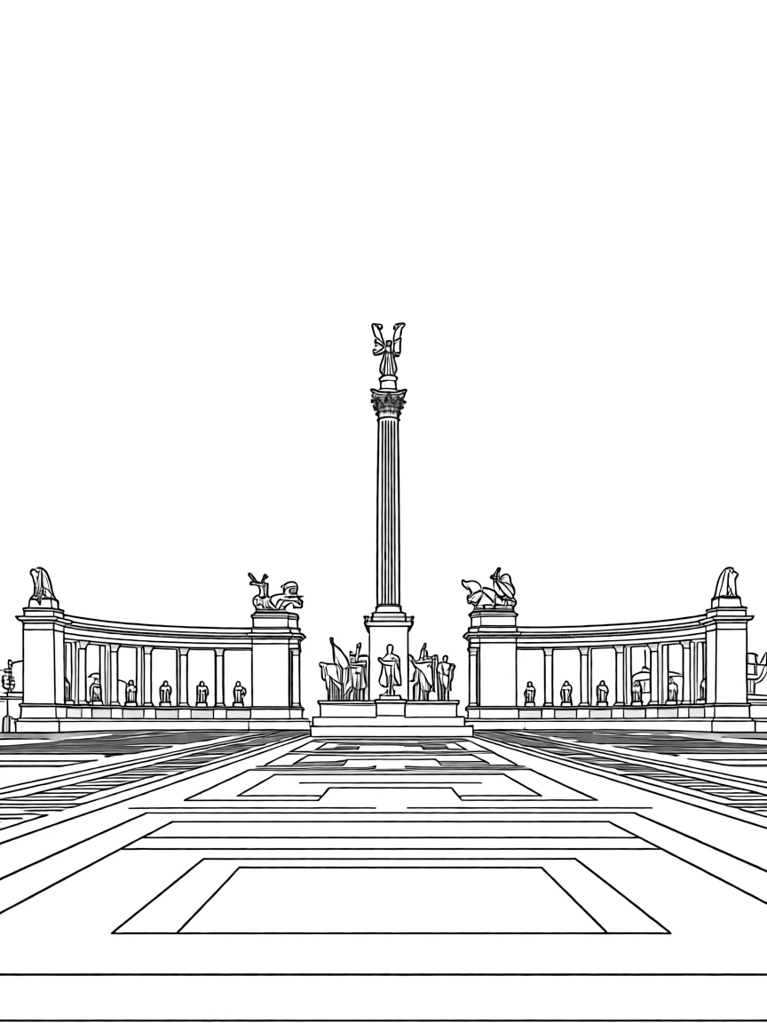 (Hungary) Heroes’ Square in Budapest with statues of Hungarian leaders