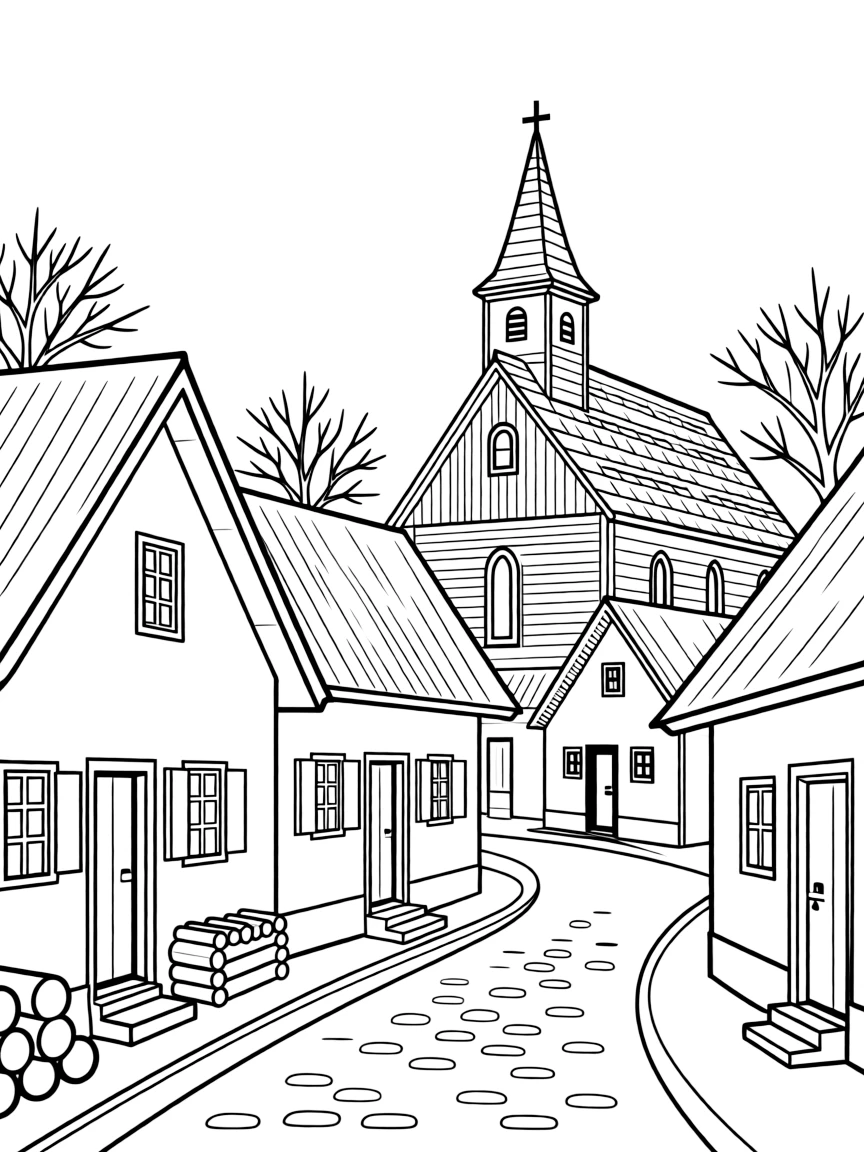 (Hungary) A street in the traditional village of Hollókő with white cottages and wooden church