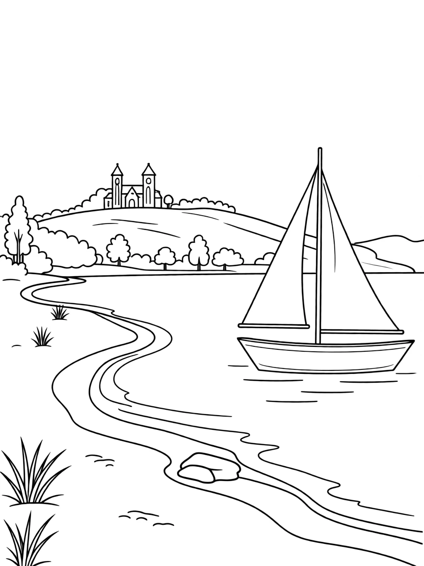 (Hungary) Lake Balaton’s shoreline with a sailboat and the Tihany Abbey on a distant hill
