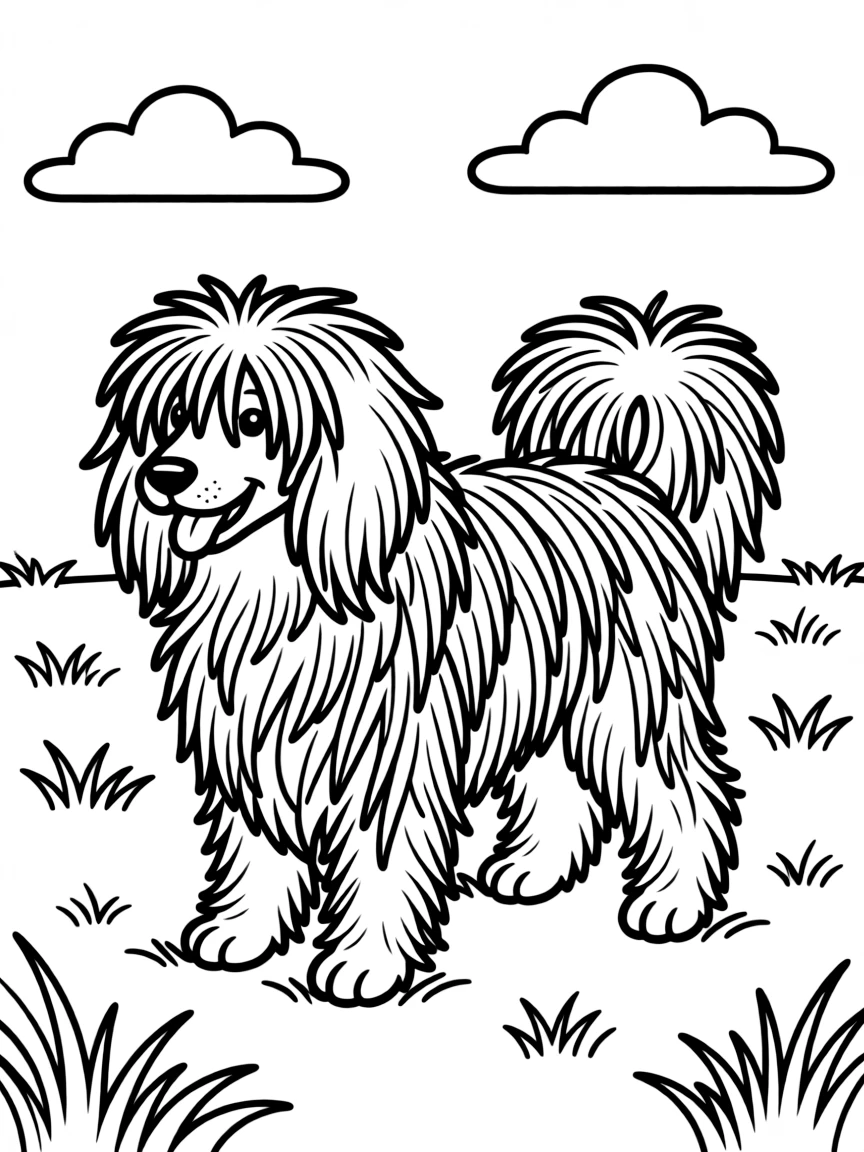 (Hungary) A puli dog with its long corded fur (dreadlock-like coat) playing in a field