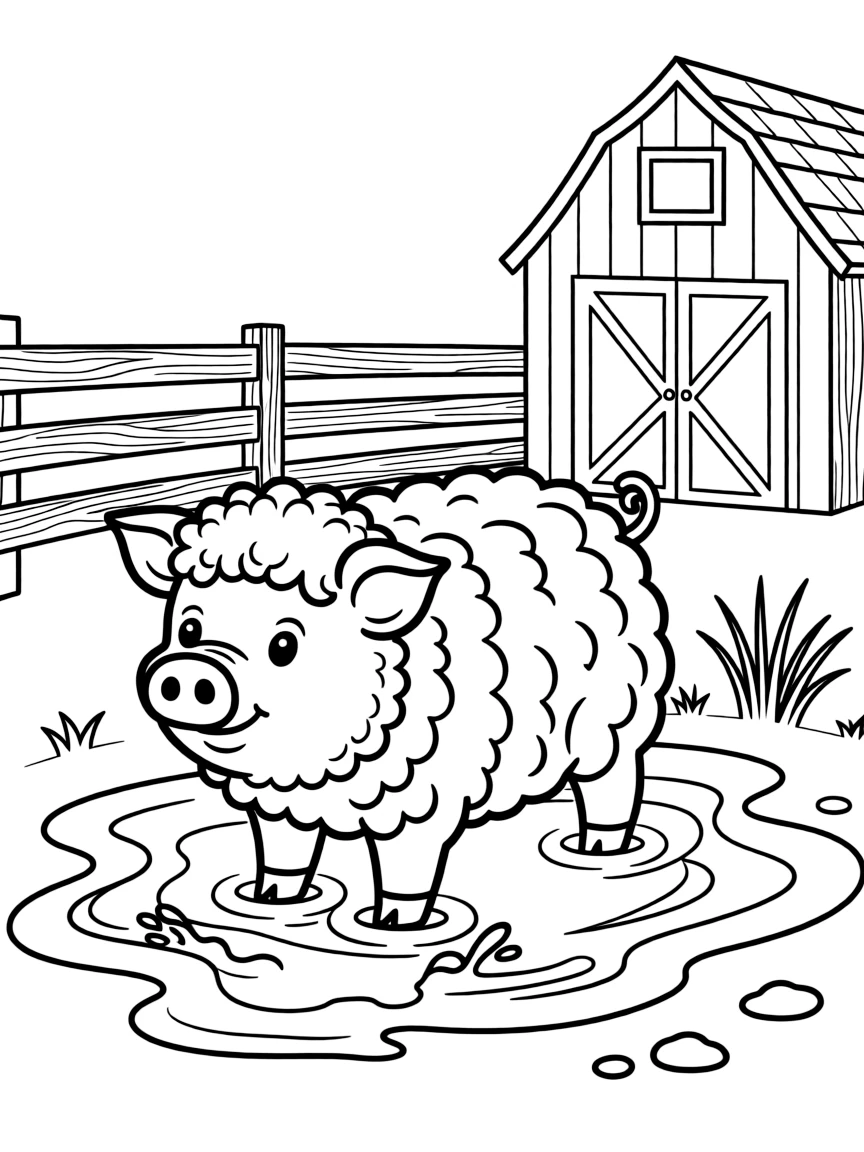 (Hungary) A curly-haired Mangalica pig wallowing in mud on a farm