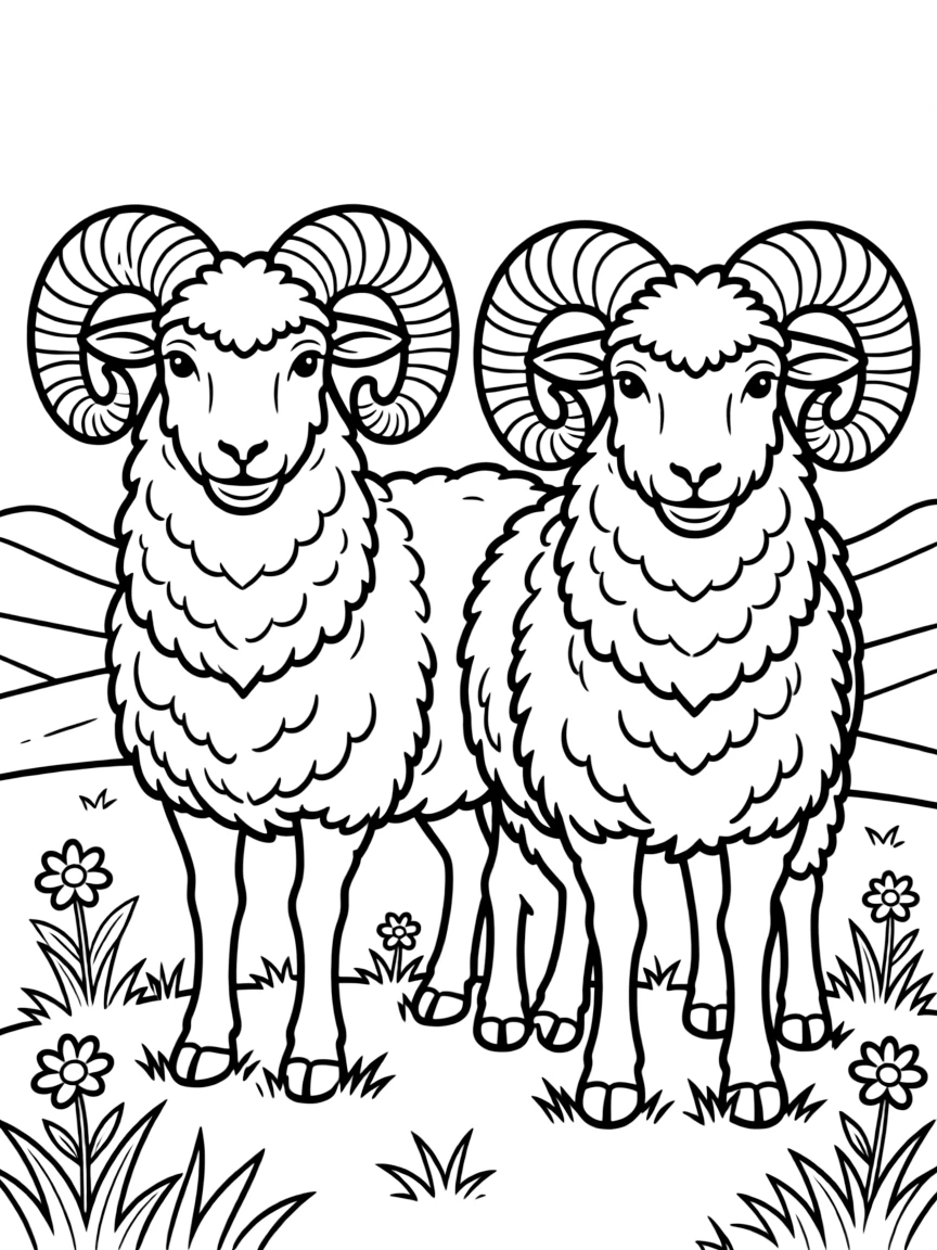 (Hungary) Two Racka sheep with spiral-shaped horns standing in a meadow