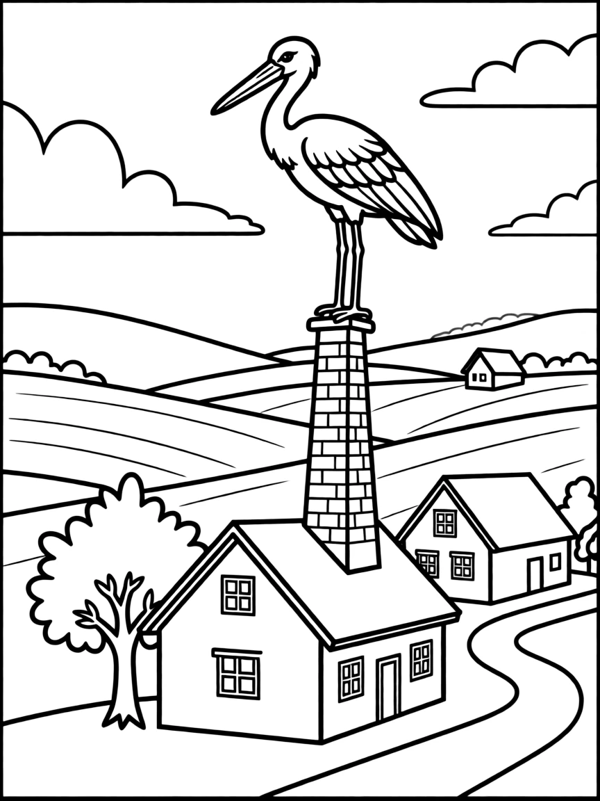 (Hungary) A stork nesting atop a village chimney in the Hungarian countryside