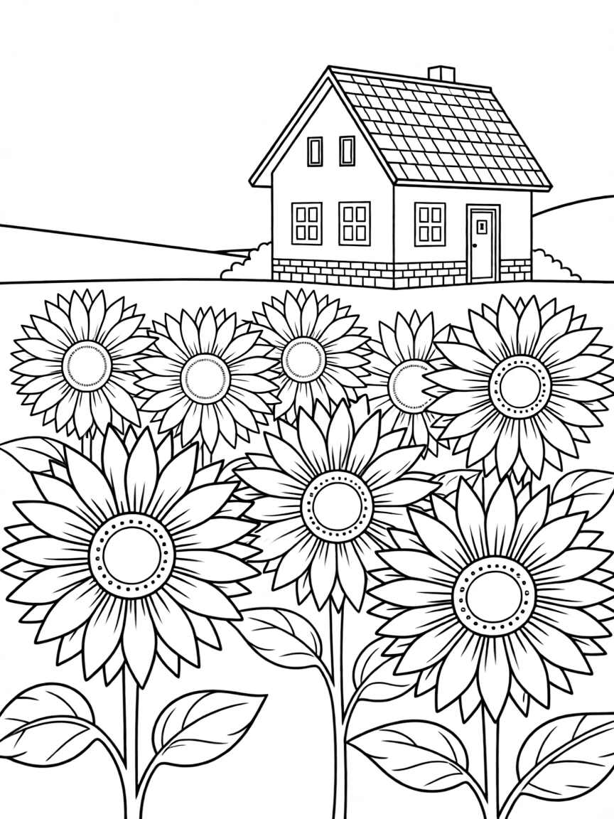 (Hungary) Sunflower fields in rural Hungary with a farmhouse in the background