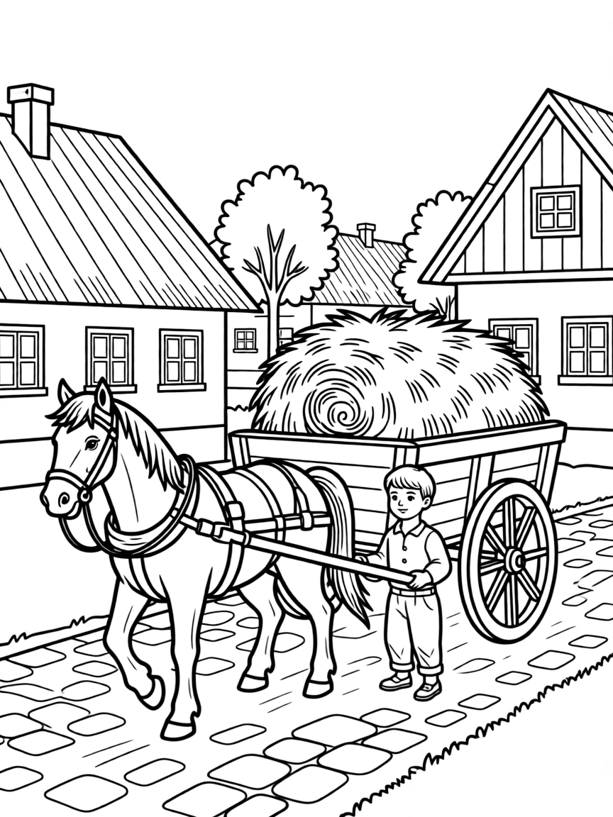 (Hungary) An old-fashioned horse-drawn wagon carrying hay through a village