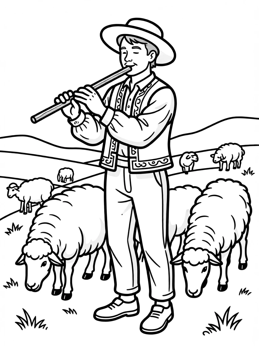 (Hungary) A shepherd in traditional clothing playing a long flute while tending sheep