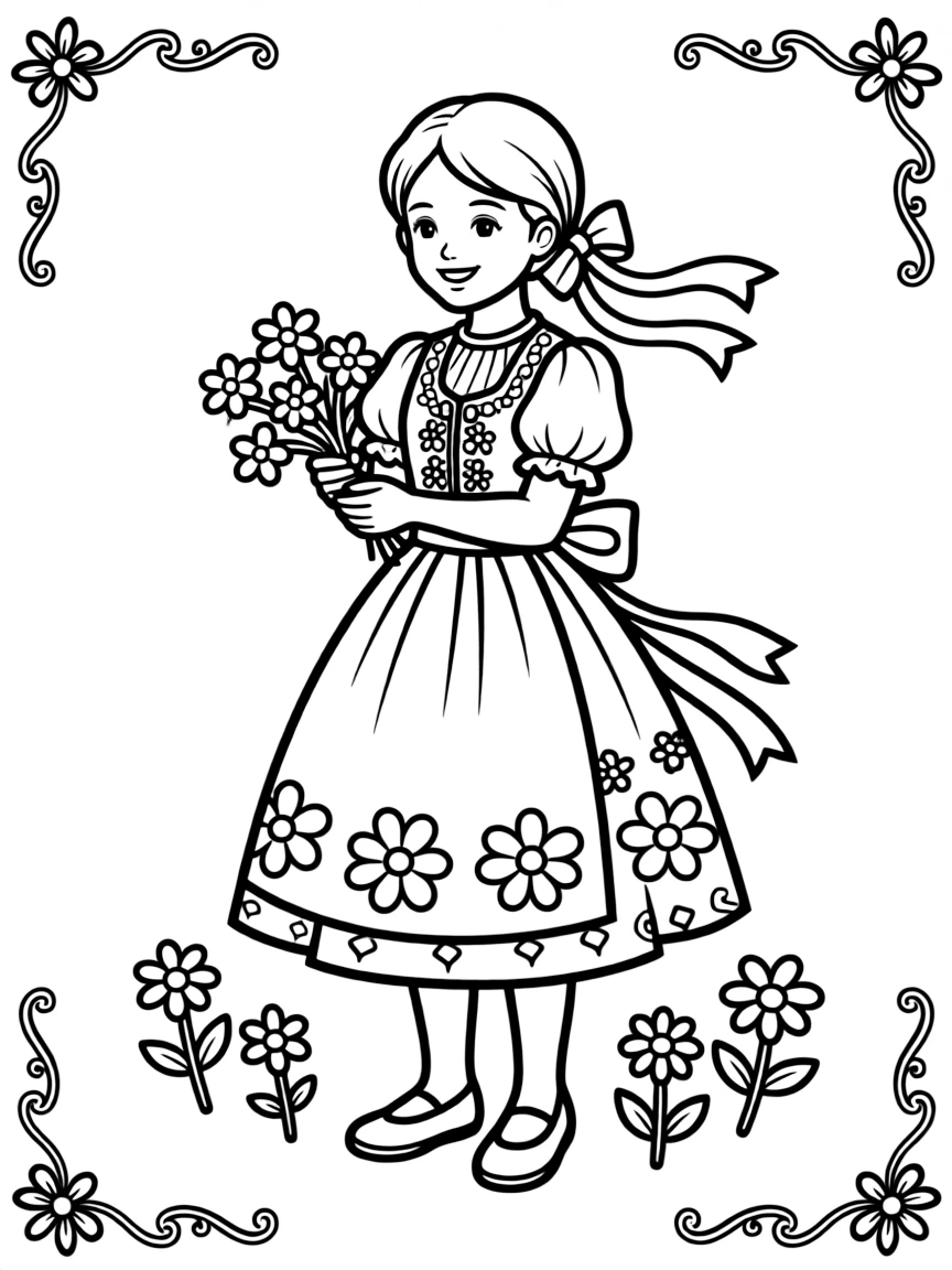 (Hungary) A girl wearing a colorful Hungarian folk dress with flower embroidery and ribbons