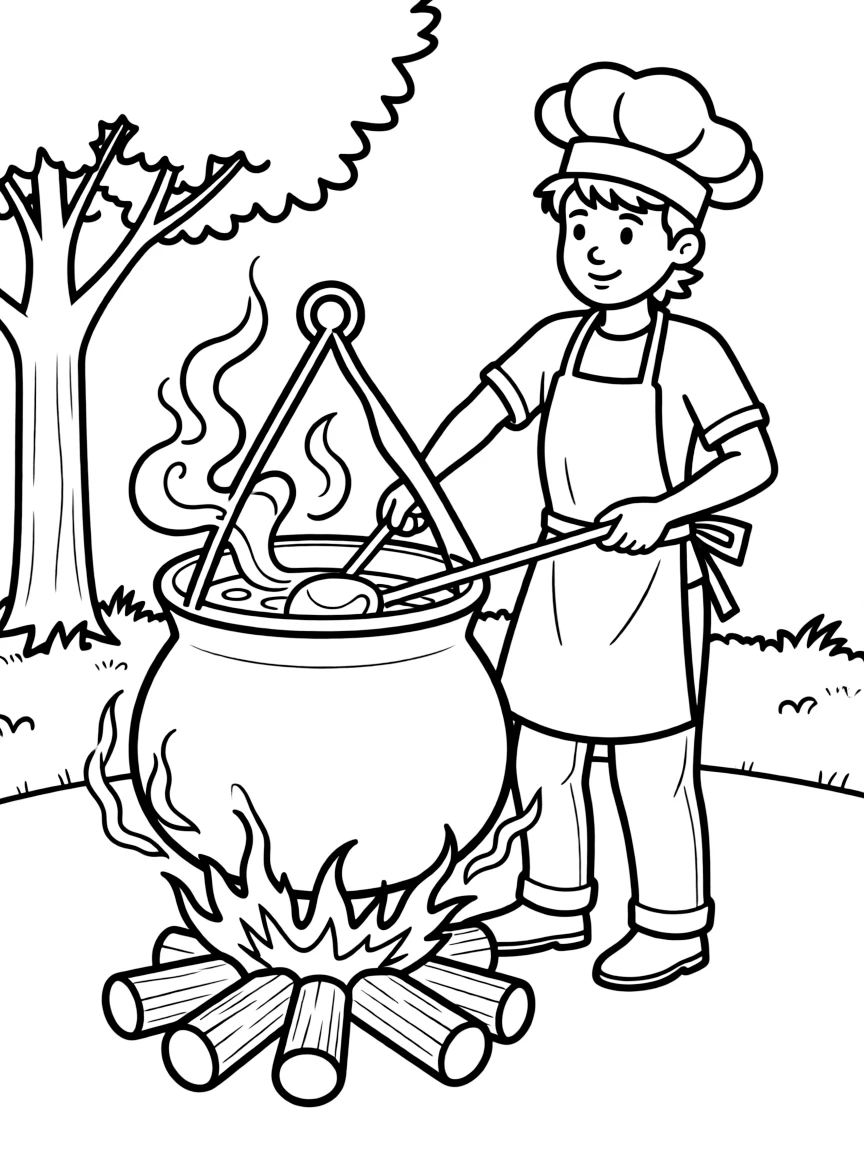 (Hungary) A cook stirring a cauldron (bogrács) of Hungarian goulash stew over an open fire