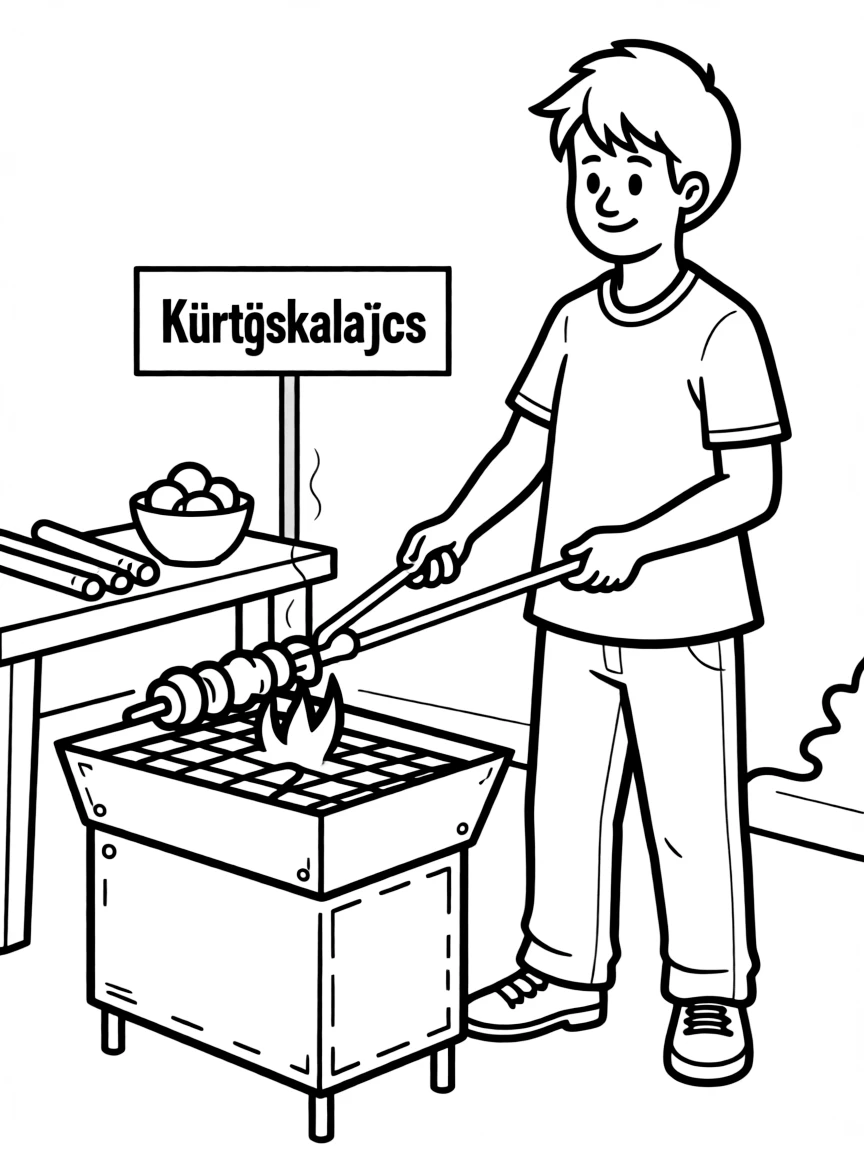 (Hungary) A street vendor making kürtőskalács (chimney cake) by wrapping dough around a rod over hot coals