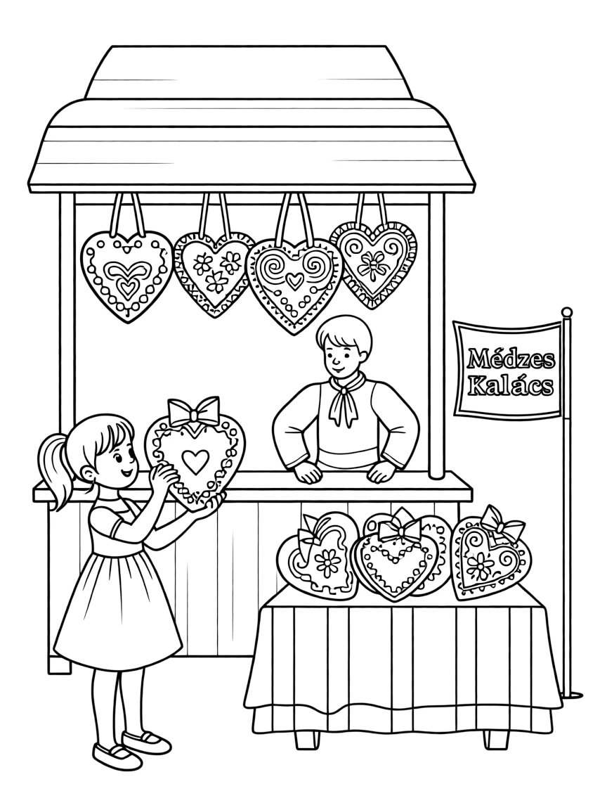 (Hungary) Decorated gingerbread hearts (mézeskalács) with colorful icing, sold at a fair