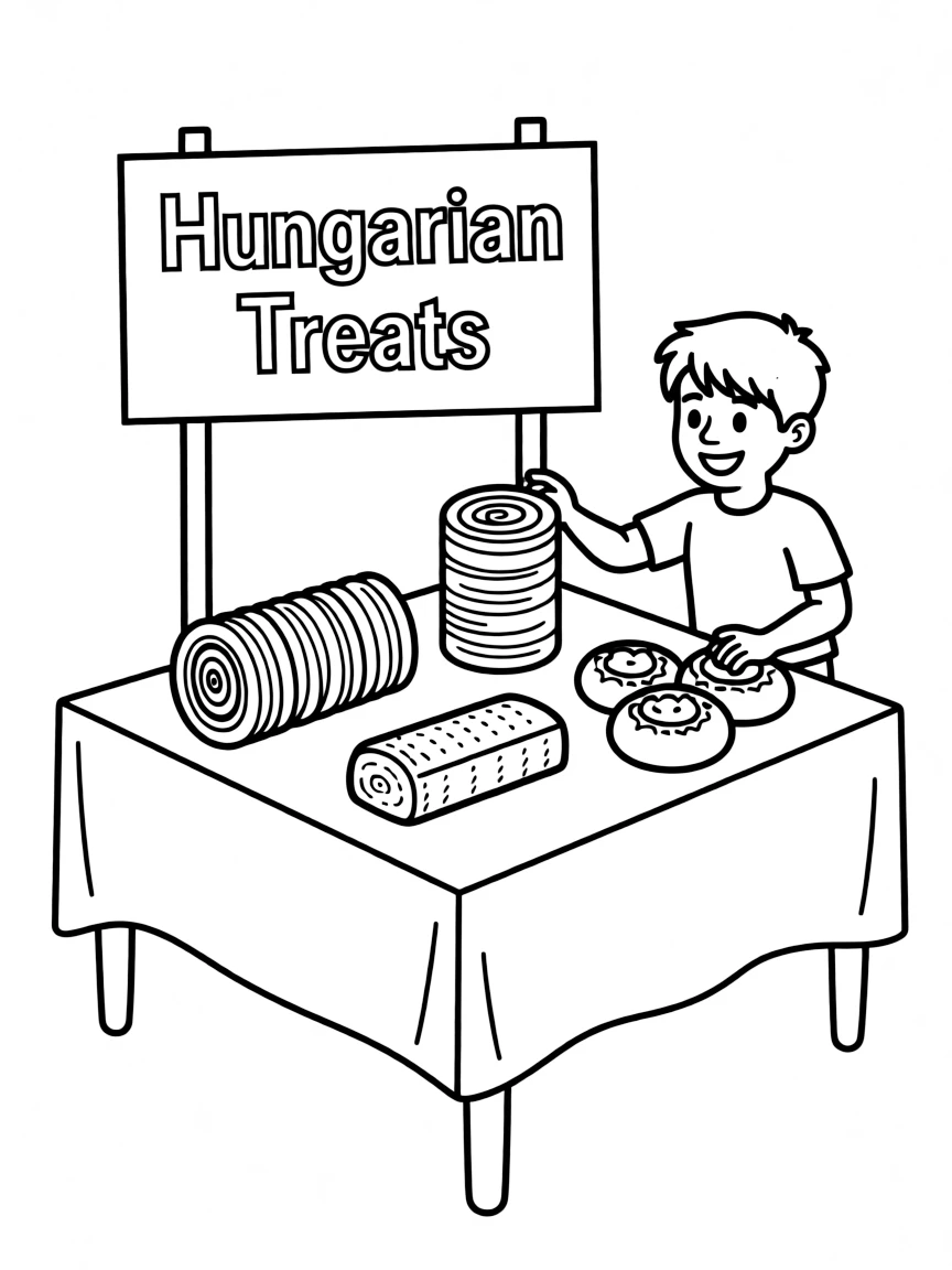 (Hungary) A table of Hungarian treats: chimney cake, strudel, and fruit-filled pastries