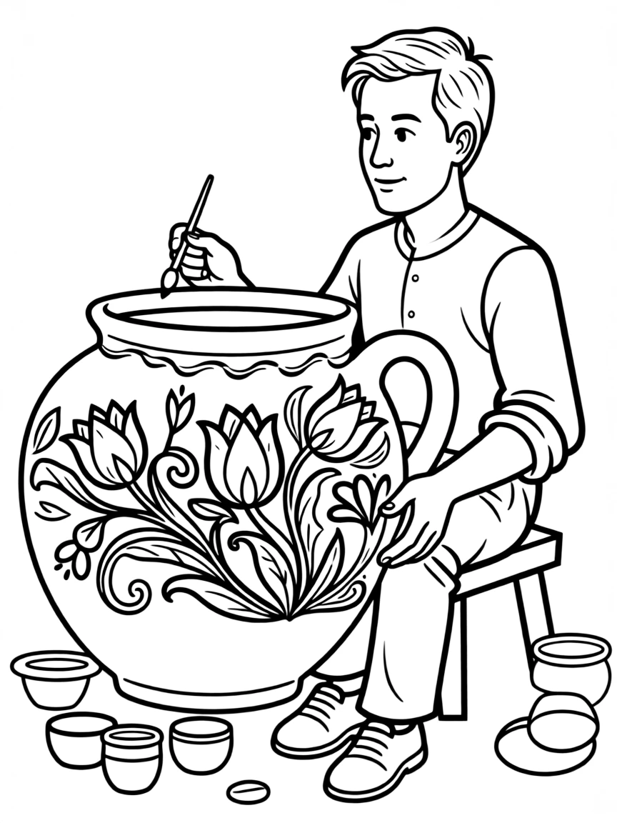 (Hungary) An artisan painting a ceramic vase with traditional Hungarian floral motifs