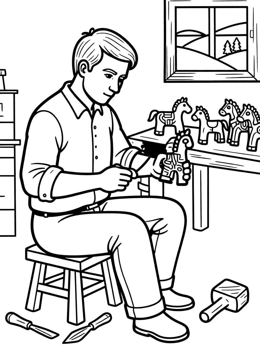 (Hungary) A craftsman carving a wooden folk toy or carving with traditional designs