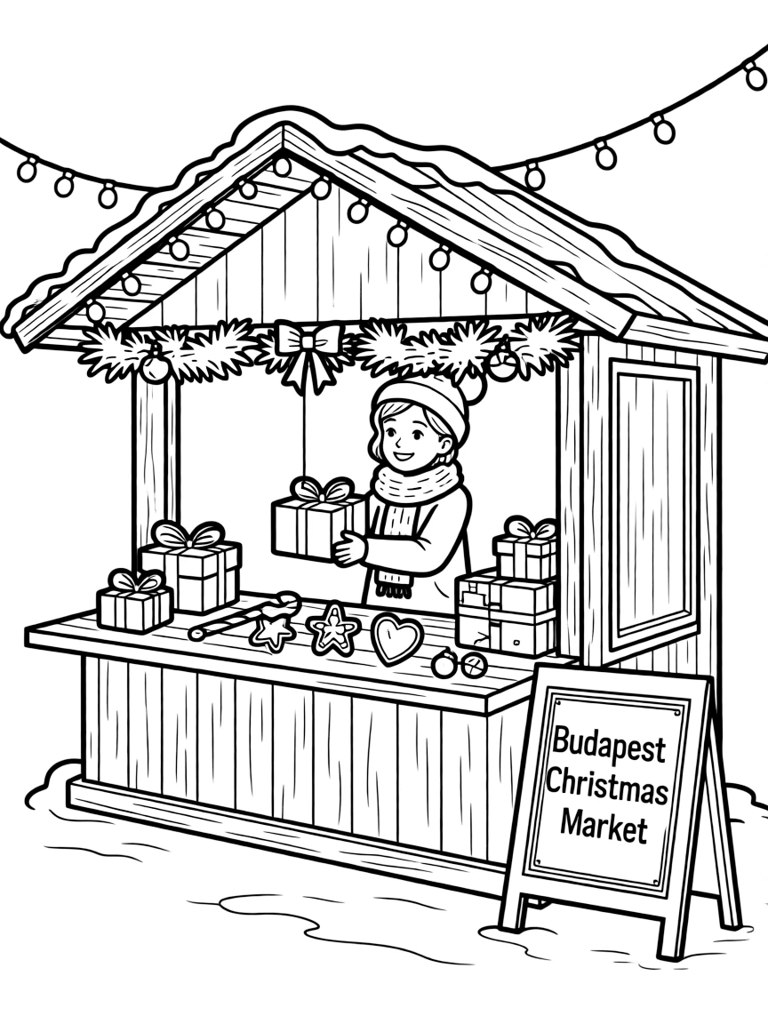 (Hungary) A festive Budapest Christmas market stall with lights and holiday decorations