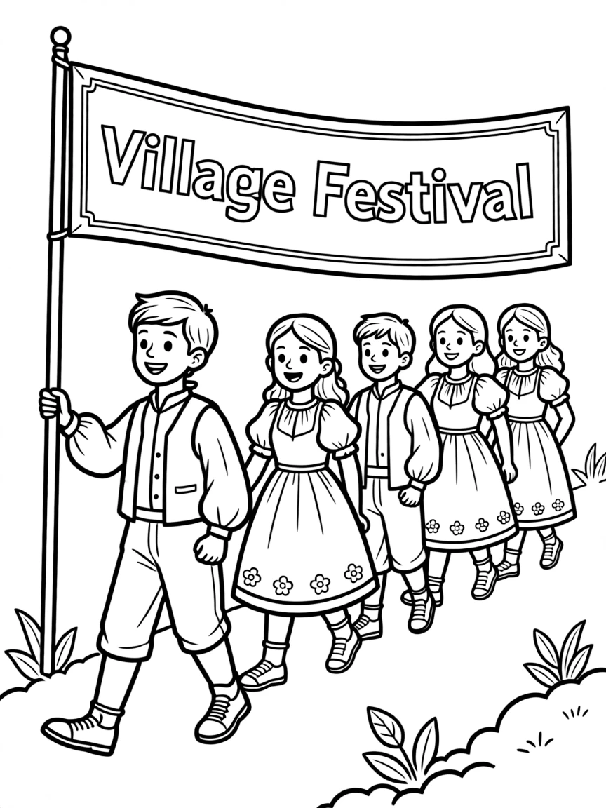 (Hungary) Boys and girls in traditional dress marching with a banner for a village festival