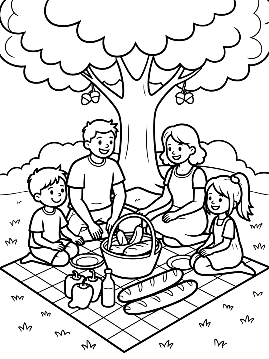 (Hungary) A family picnicking under a tree with Hungarian sausages, bread, and paprika