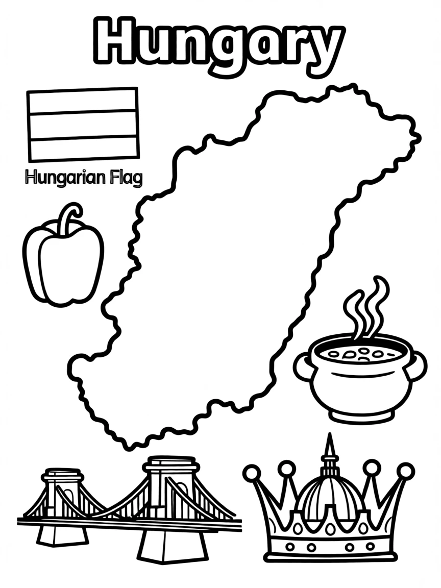 (Hungary) A map of Hungary with small drawings of iconic items (like flag, paprika, and landmarks) around it