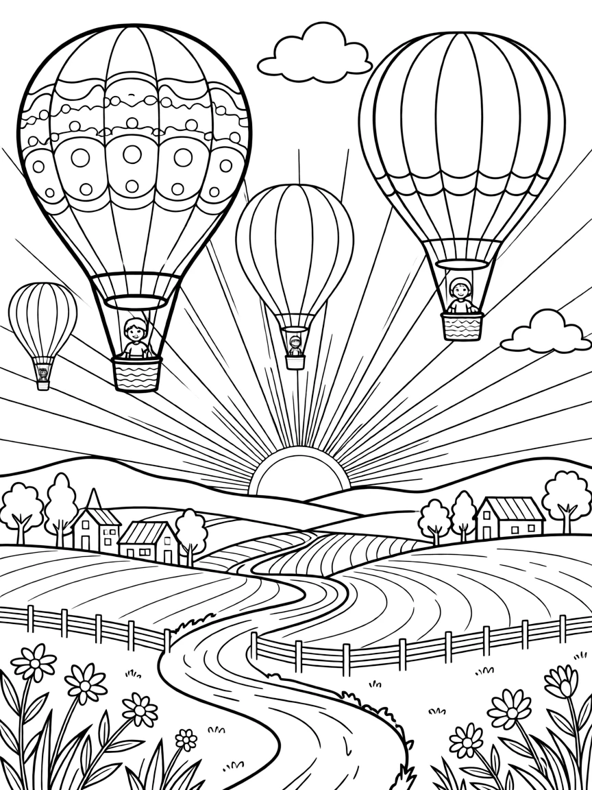 (Hungary) Hot air balloons flying over the countryside at sunrise (like in a festival event)