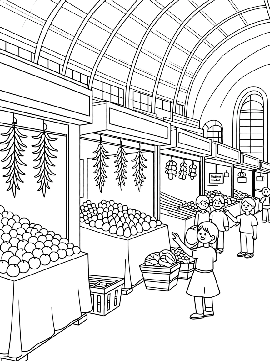 (Hungary) A bustling Budapest market hall with stalls of fruits, vegetables, and hanging paprika garlands