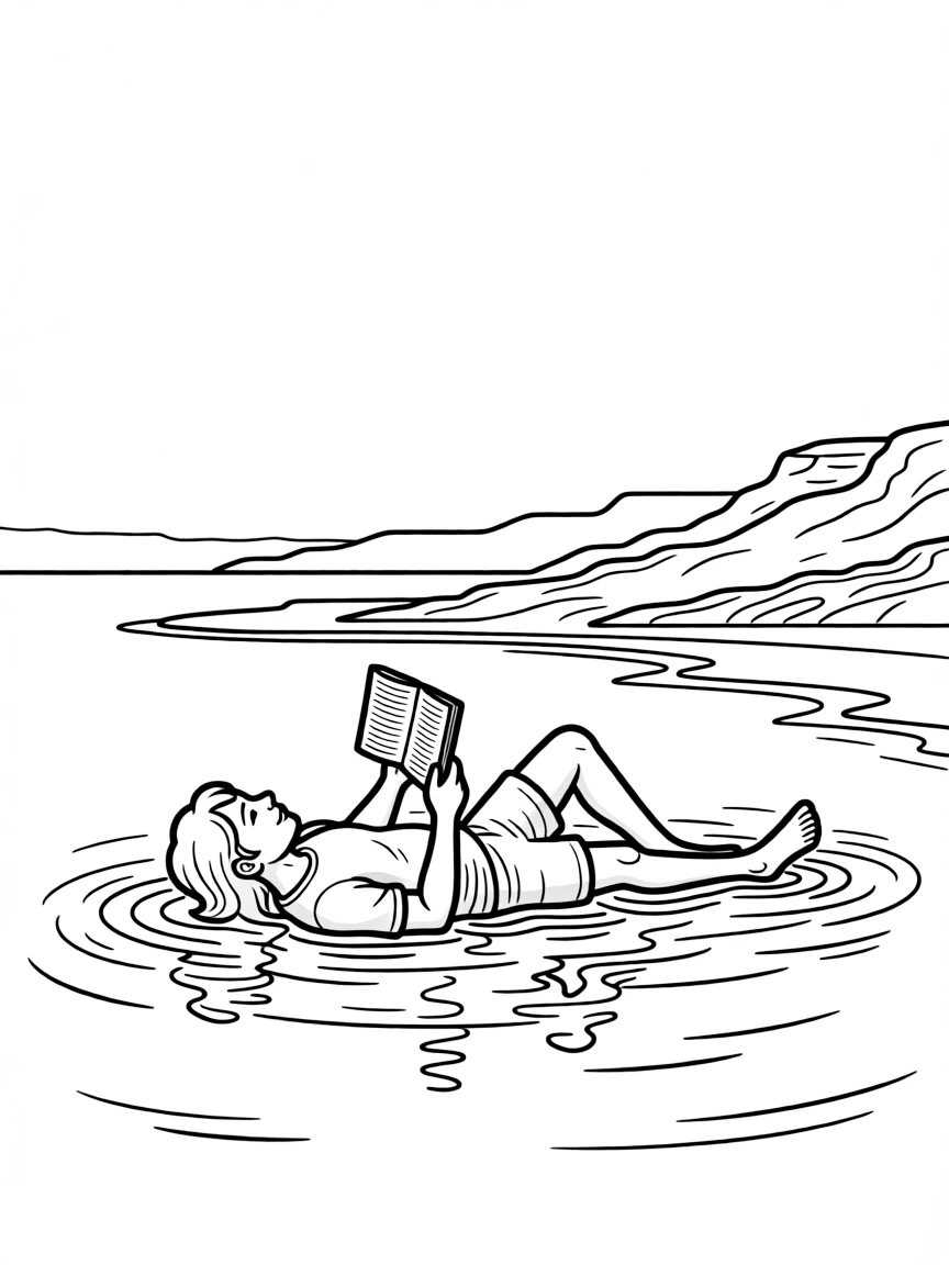 (Israel) A view of the Dead Sea with a person floating on the salty water reading a book