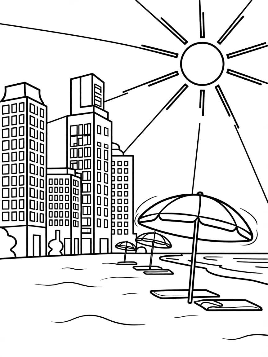 (Israel) The modern Tel Aviv skyline with tall buildings and a sunny beach with umbrellas
