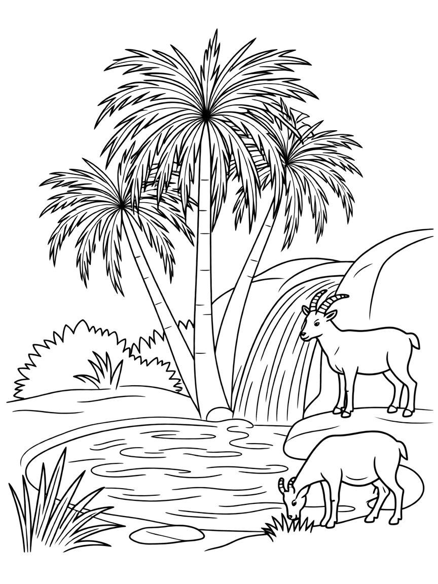 (Israel) A date palm oasis at Ein Gedi with a small waterfall and ibex (wild goats) nearby