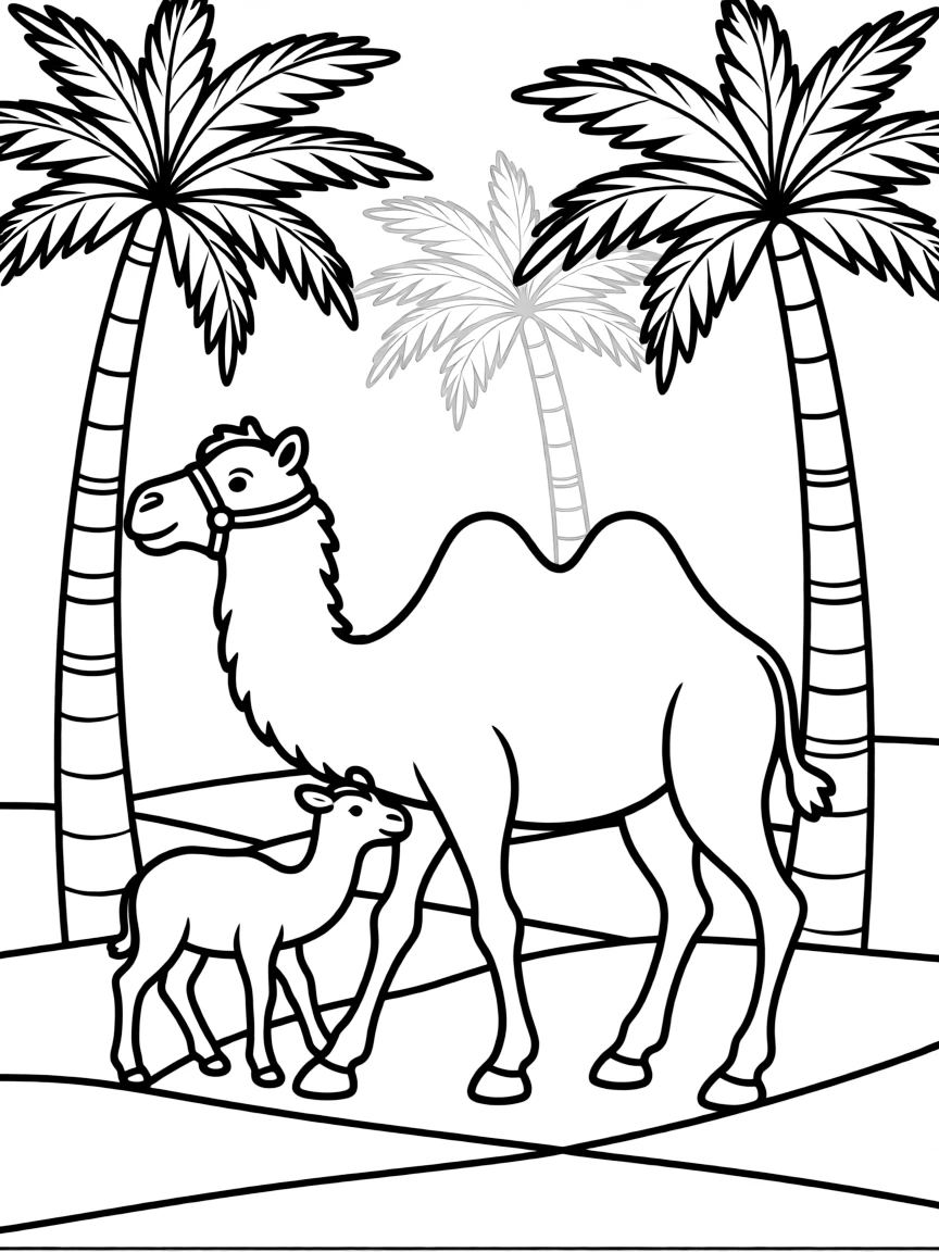 (Israel) A mother camel with her calf walking near palm trees in the Negev desert
