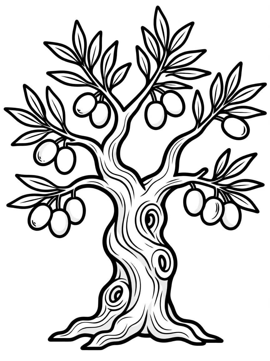 (Israel) An olive tree with a twisted trunk and olives hanging from its branches