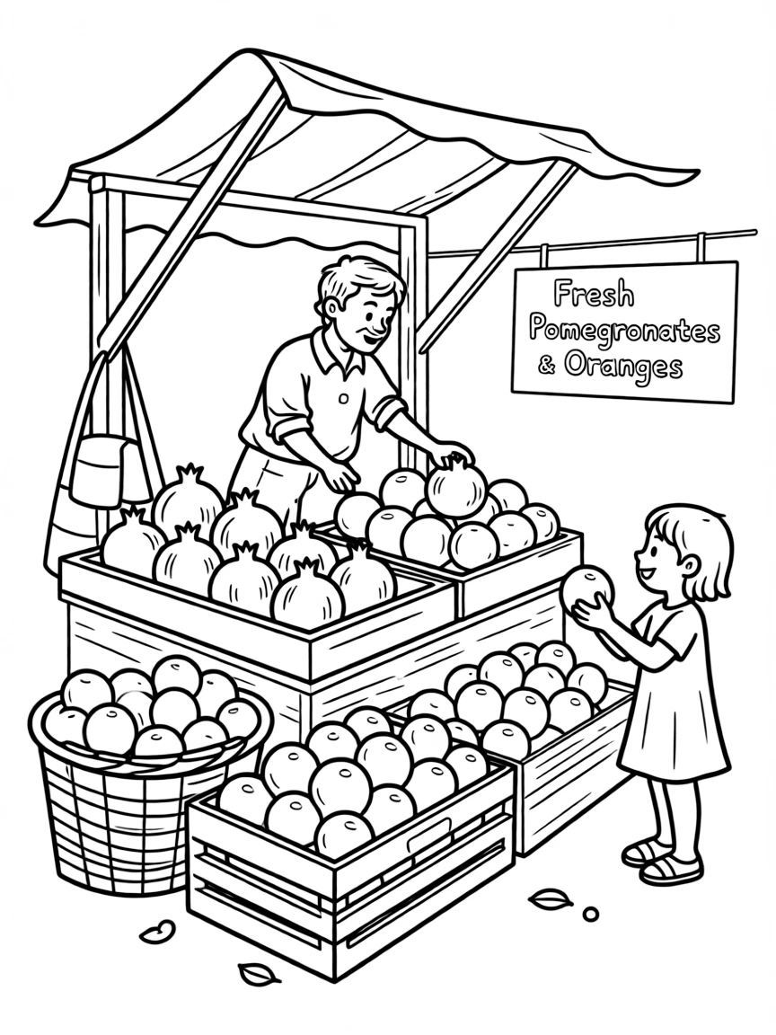 (Israel) A market stall in Jerusalem or Tel Aviv piled with fresh pomegranates and oranges
