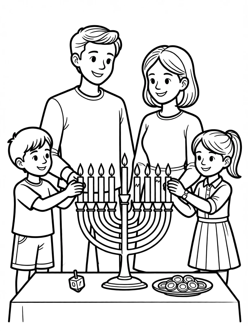 (Israel) A family lighting candles on a menorah (lamp) to celebrate Hanukkah