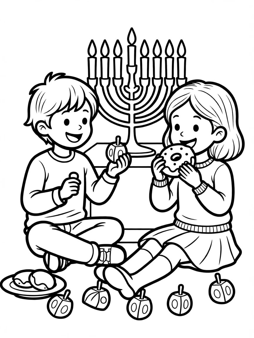 (Israel) Children spinning dreidels and eating sufganiyot (jelly donuts) during Hanukkah