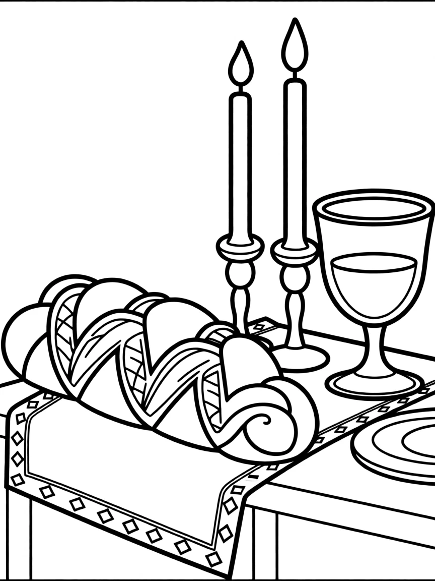 (Israel) A table with Shabbat challah bread (braided loaf), candles, and grape juice or wine