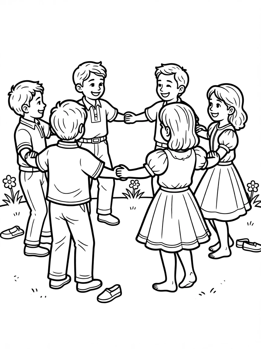 (Israel) An Israeli folk dance group holding hands in a circle dancing the Hora