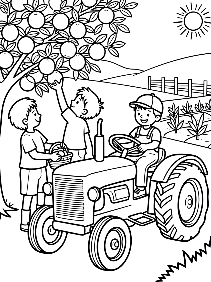 (Israel) A kibbutz farm scene with children picking oranges or riding on a tractor