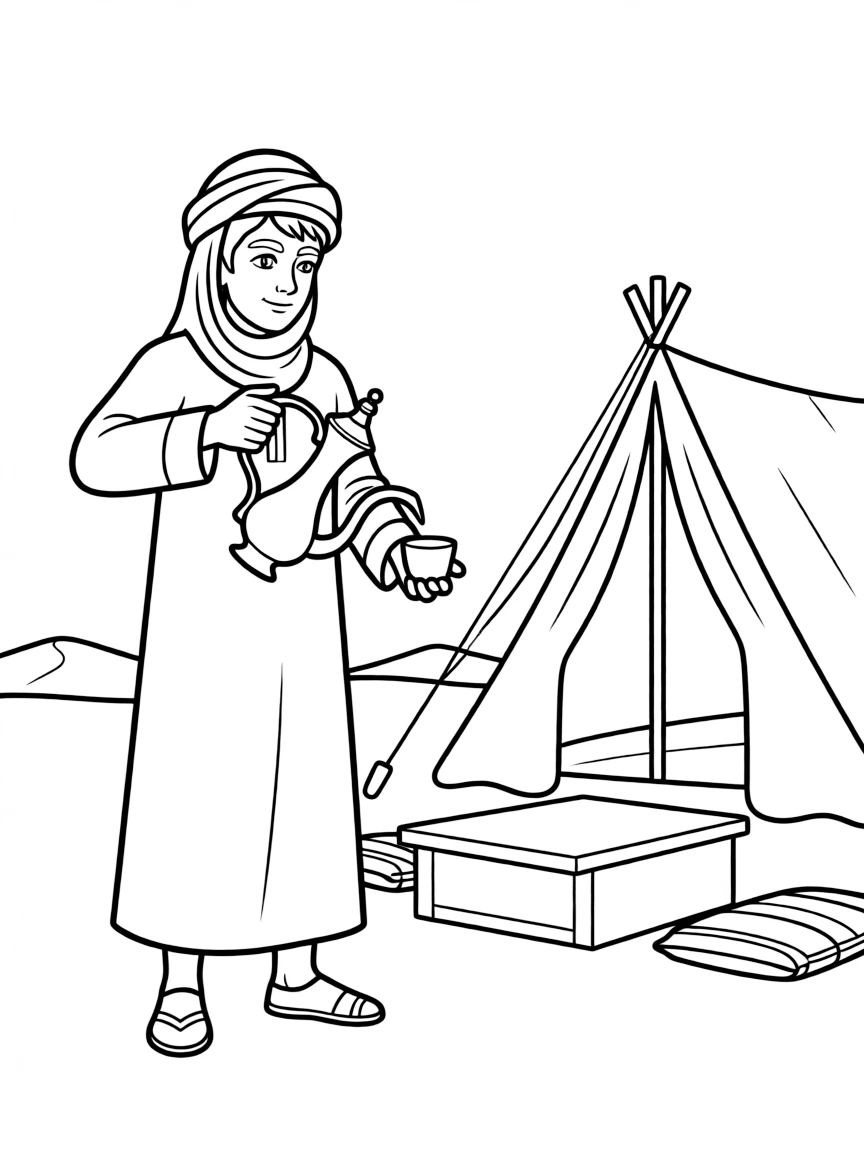 (Israel) A Bedouin man pouring traditional mint tea from a metal teapot in a desert camp