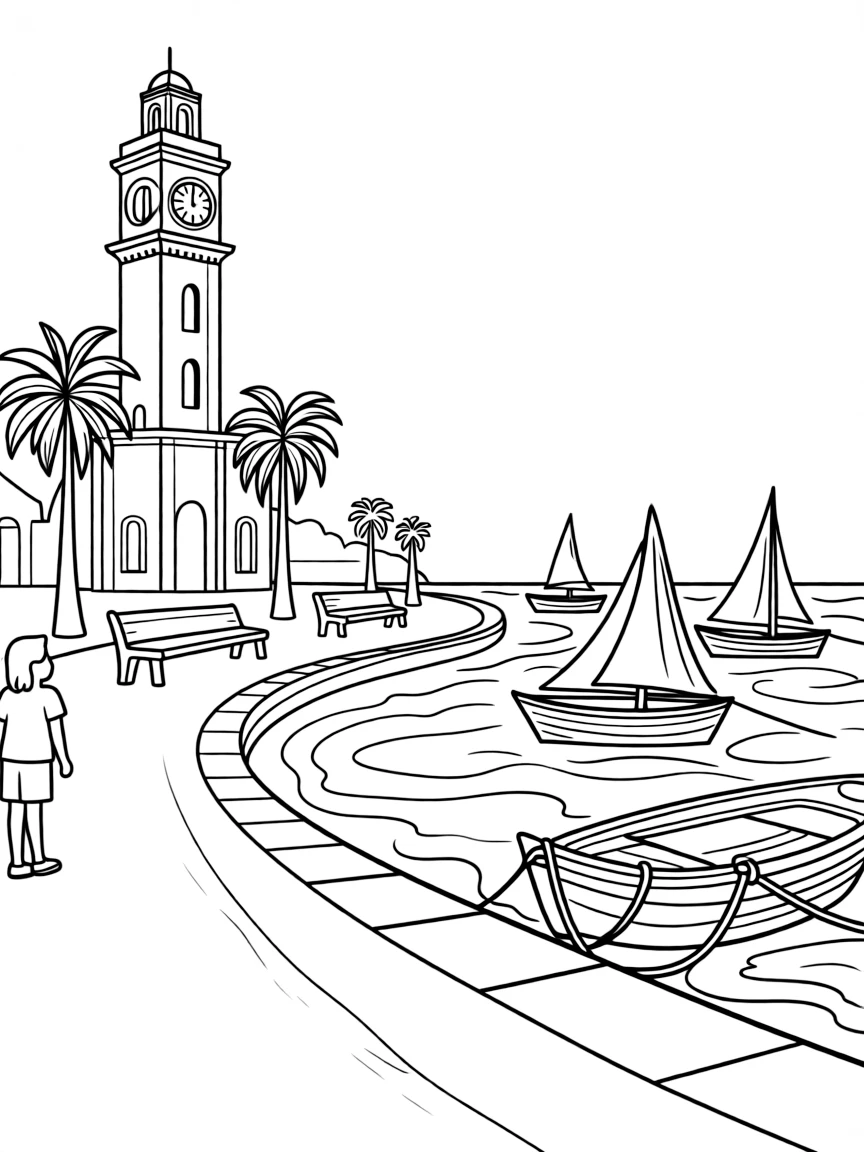 (Israel) The Tel Aviv-Jaffa promenade with old Jaffa clock tower and fishermen boats