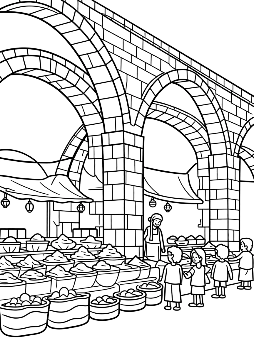 (Israel) The ancient stone archways of Akko (Acre) bazaar with colorful spices on display