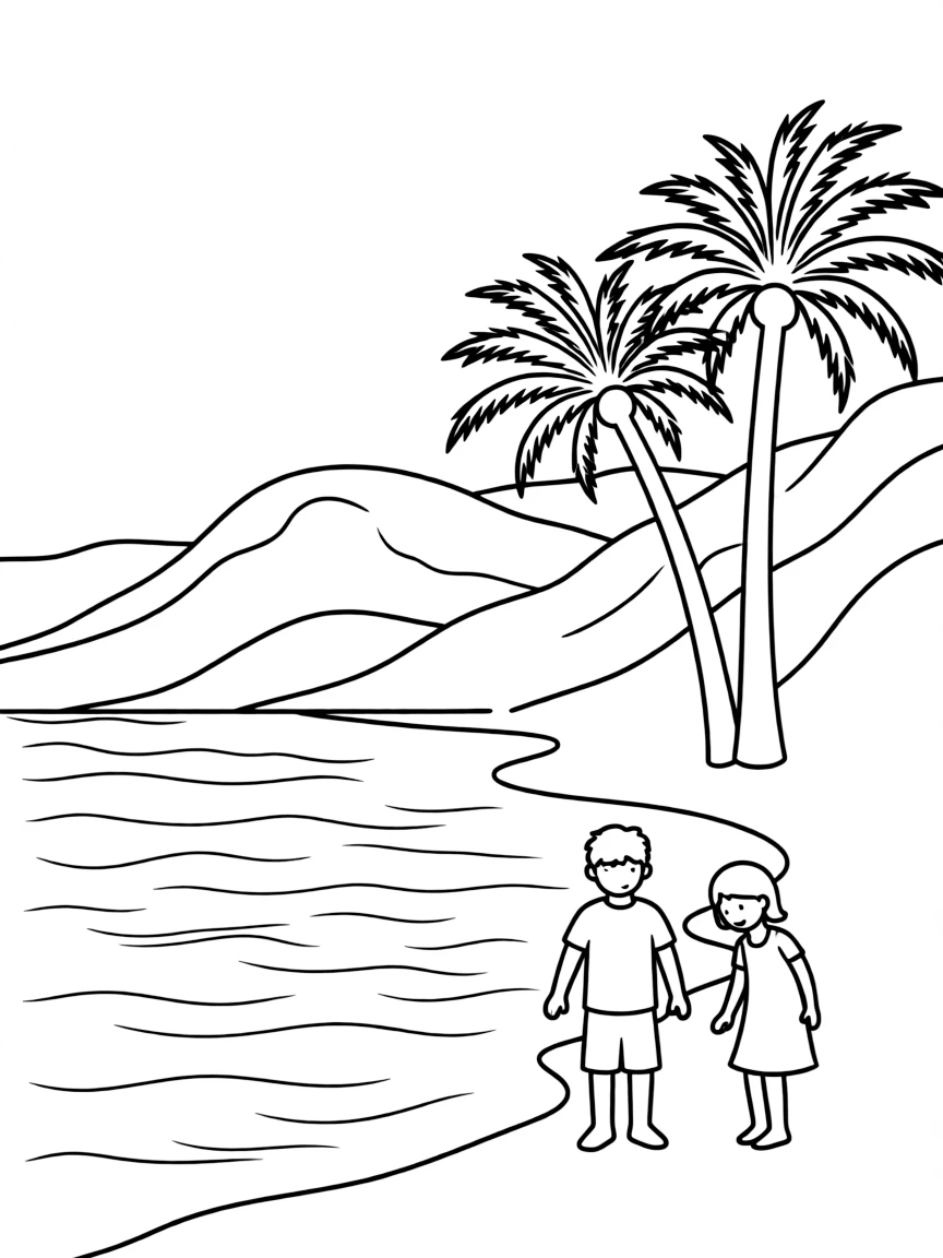 (Israel) The city of Eilat with its beach, palm trees, and red mountains behind