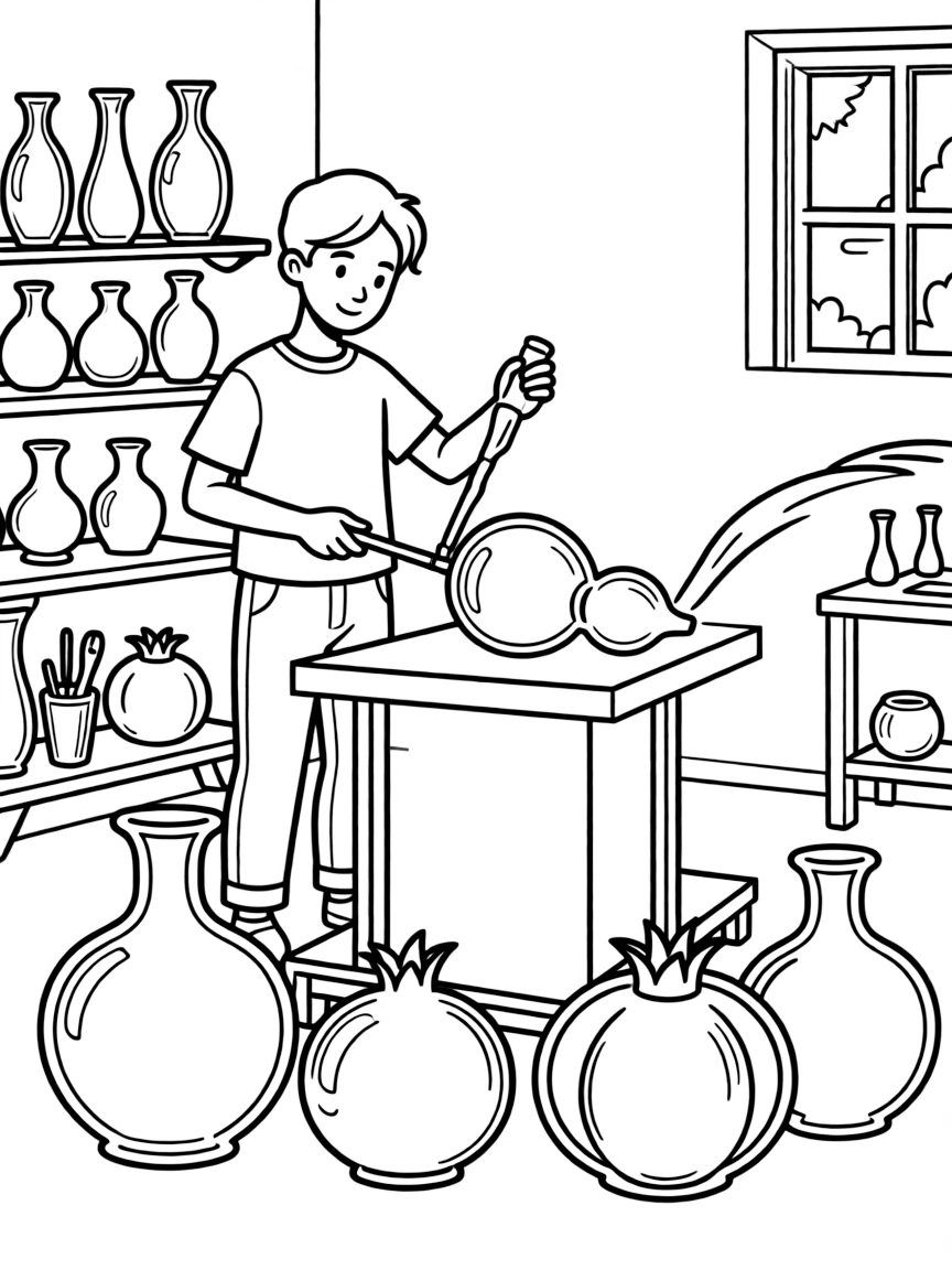 (Israel) An artist shaping glass pomegranates or vases at a studio (glassblowing art in Israel)
