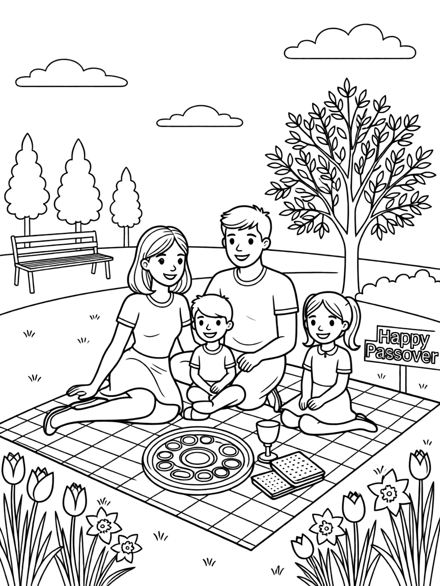 (Israel) A family having a picnic in a park during Passover, with spring flowers around