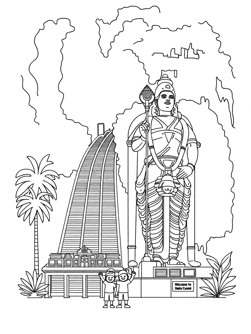 (Malaysia) The Batu Caves temple entrance with the tall golden Murugan statue and rainbow-colored stairway