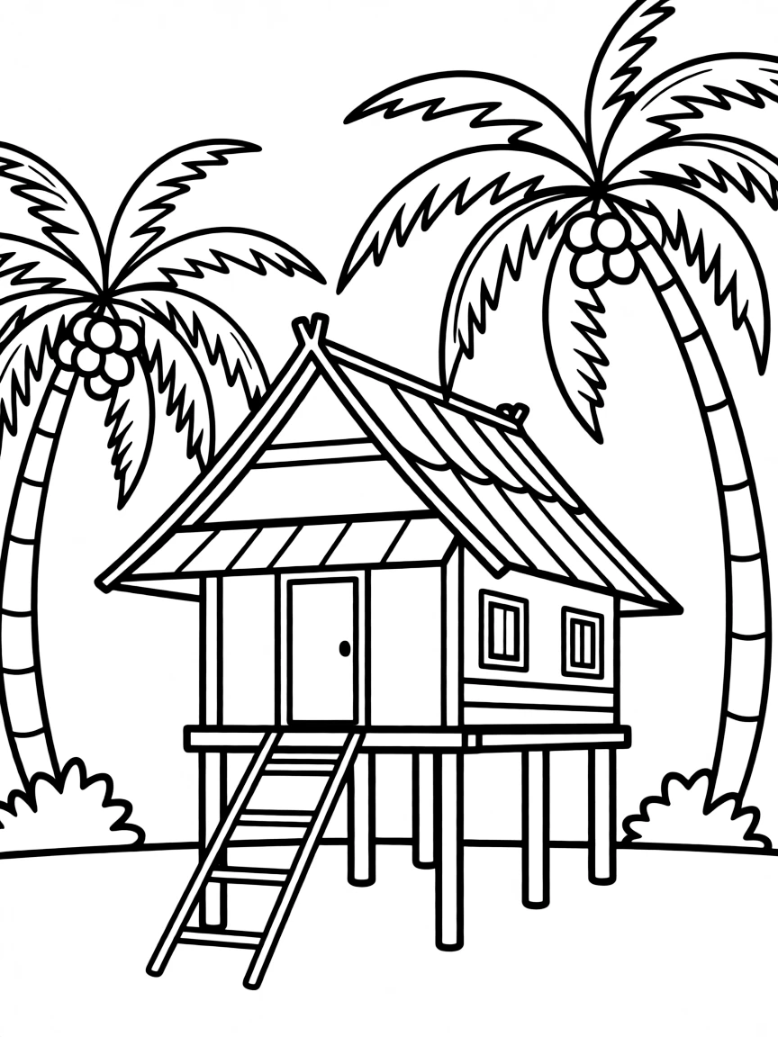 (Malaysia) A traditional Malay wooden stilt house in a village with coconut trees around